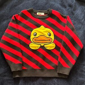 Striped Red and Black Sweater with Duck Design